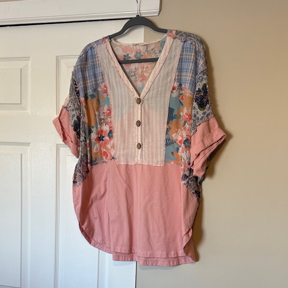 Easel Oversized Patchwork Button-Up Blouse - image 1
